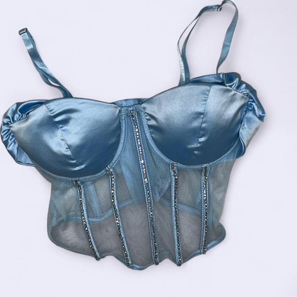 Baby blue corset top Small‎ Rhinestone Detail Satin sexy